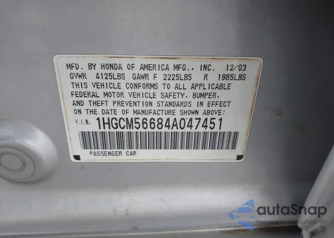 2004 Honda Accord 2.4 Ex from USA, damaged, VIN 1HGCM56684A047451